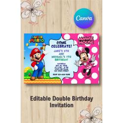 Twin Super Mario and Minnie Mouse Invitation | Canva Template